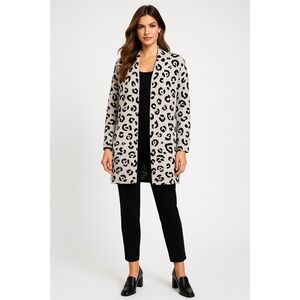 Tahari Cardigan Womens S Beige Black Open Leopard Print Longline Modern‎ Sweater